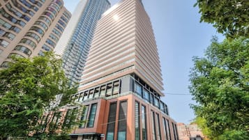 Modern condo building in the heart of downtown, a central and walkable location.