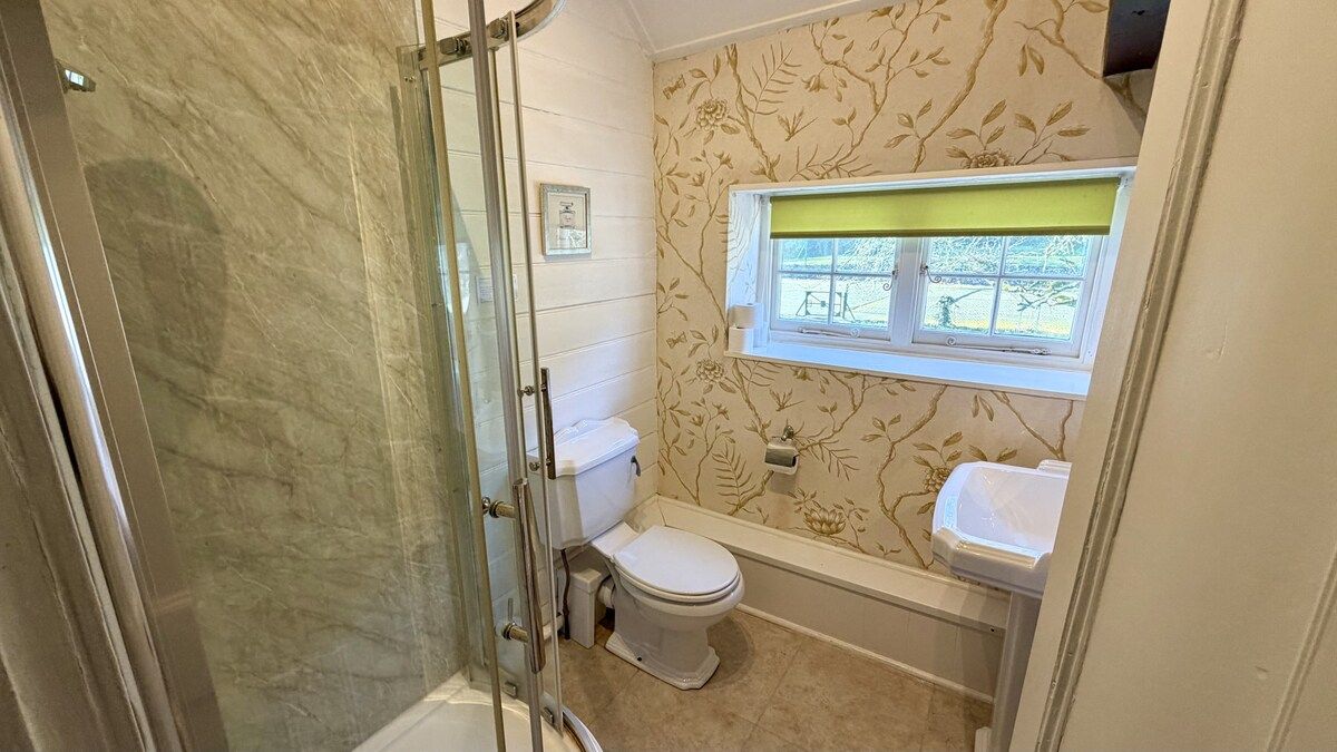 Une salle de bain avec des toilettes, une douche et une fenêtre.