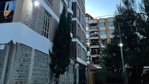 Un edificio residenziale a più piani con balconi, un albero visibile e cielo sereno.