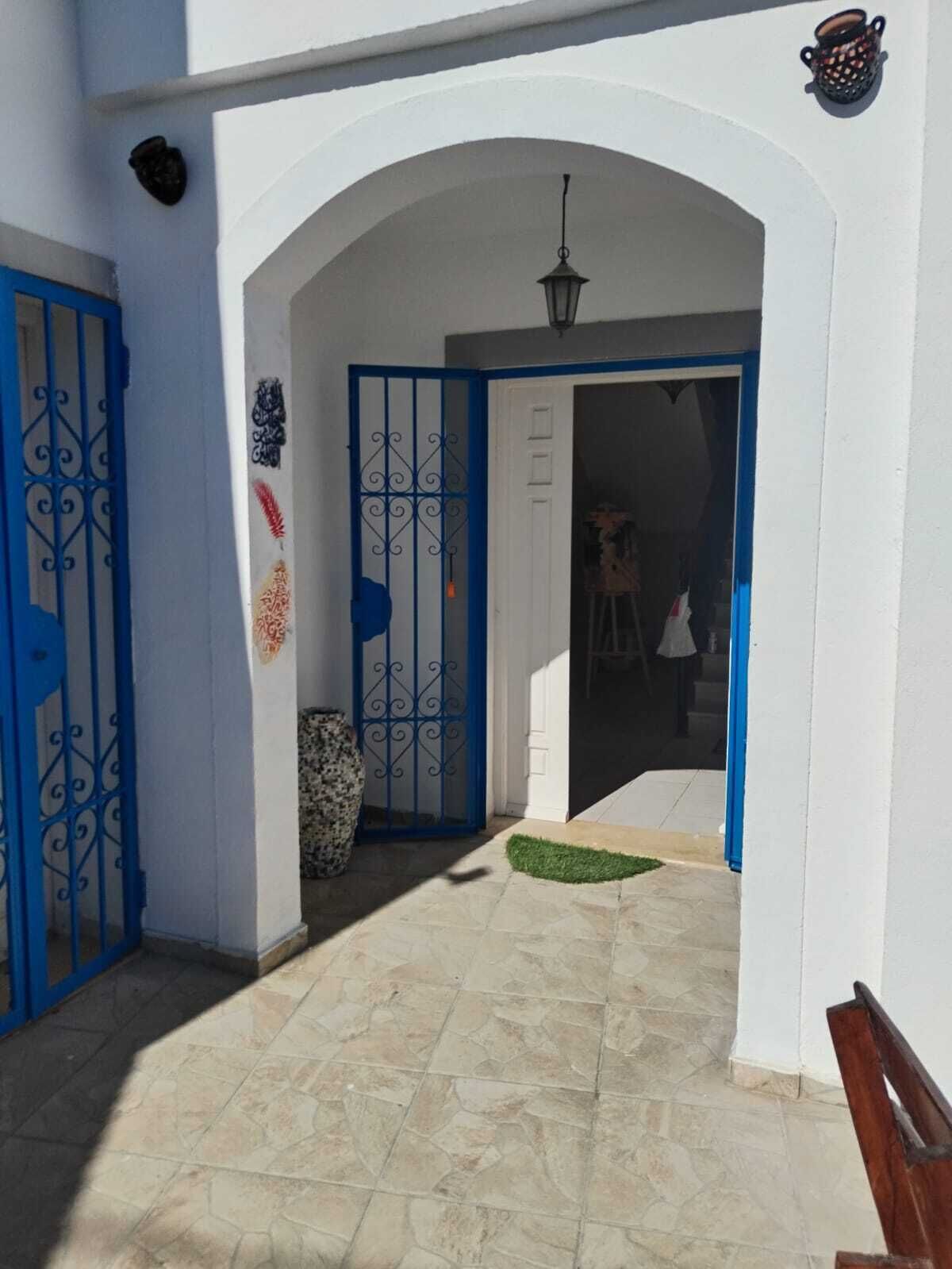 An arched entrance with a blue door and gate, a potted plant, and a tiled floor.