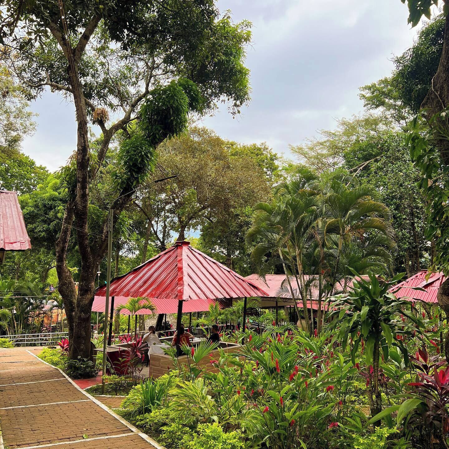 A covered outdoor seating area with tables and chairs, surrounded by lush greenery and trees.