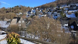 Un barrio residencial con casas en una ladera, algunas con nieve en los tejados, y un cielo azul despejado.