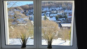 Una ventana con dos plantas en macetas, vista de un pueblo nevado con casas y árboles.