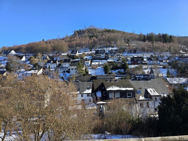 Zona residencial com casas, algumas com neve nos telhados, e uma colina ao fundo.