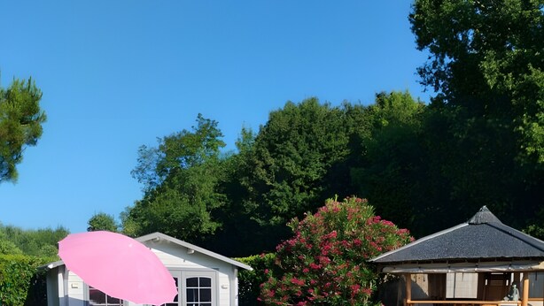 A swimming pool with a pink floatation device, a covered seating area, and a house in the background.