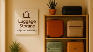 A luggage storage area with a sign, a bench, and potted plants. - Soho Village en Palermo by Magno | 203 (Buenos Aires)