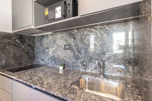 A kitchen with a granite countertop, stainless steel sink, and a small potted plant. - Soho Village en Palermo by Magno | 801 (Buenos Aires)