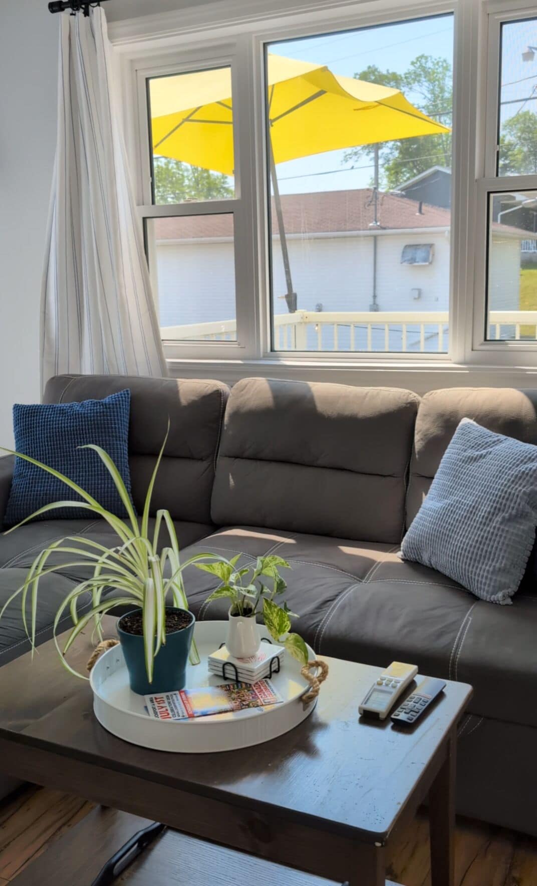 A living room with a sofa, a coffee table with plants, a remote control, and a window with yellow umbrellas outside.