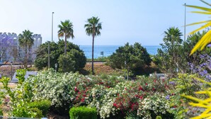 Un paysage côtier offrant une vue sur la mer, avec des palmiers et une variété de plantes à fleurs.