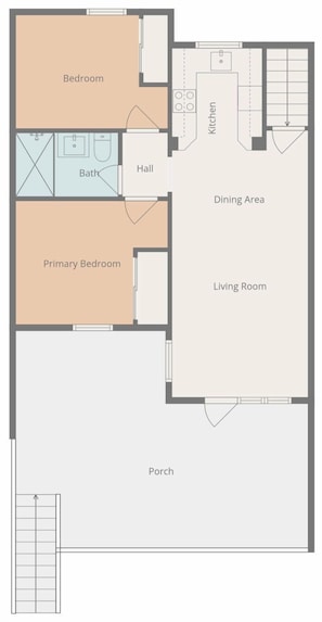 A floor plan with a bedroom, primary bedroom, bathroom, hall, dining area, living room, and porch.