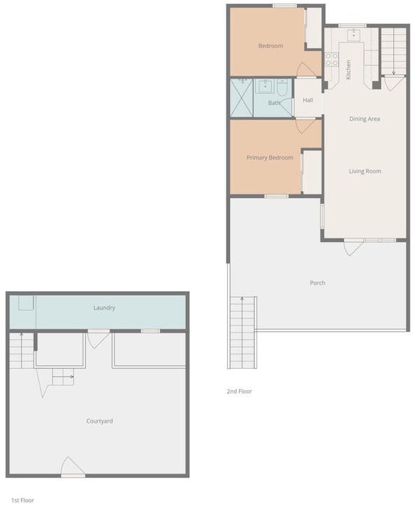 A floor plan with a bedroom, bathroom, kitchen, dining area, living room, and porch.