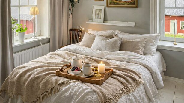 A bedroom with a bed, bedside table, lamp, and a window with curtains. - Large farmhouse near lake & forest • Boat included (Svängsta)