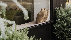 En modern byggnad med stora fönster, en träfasad och utsikt över en trädgård med växter och ett träd.
