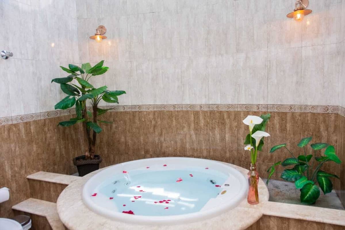 A spa area with a hot tub, potted plants, and wall sconces.