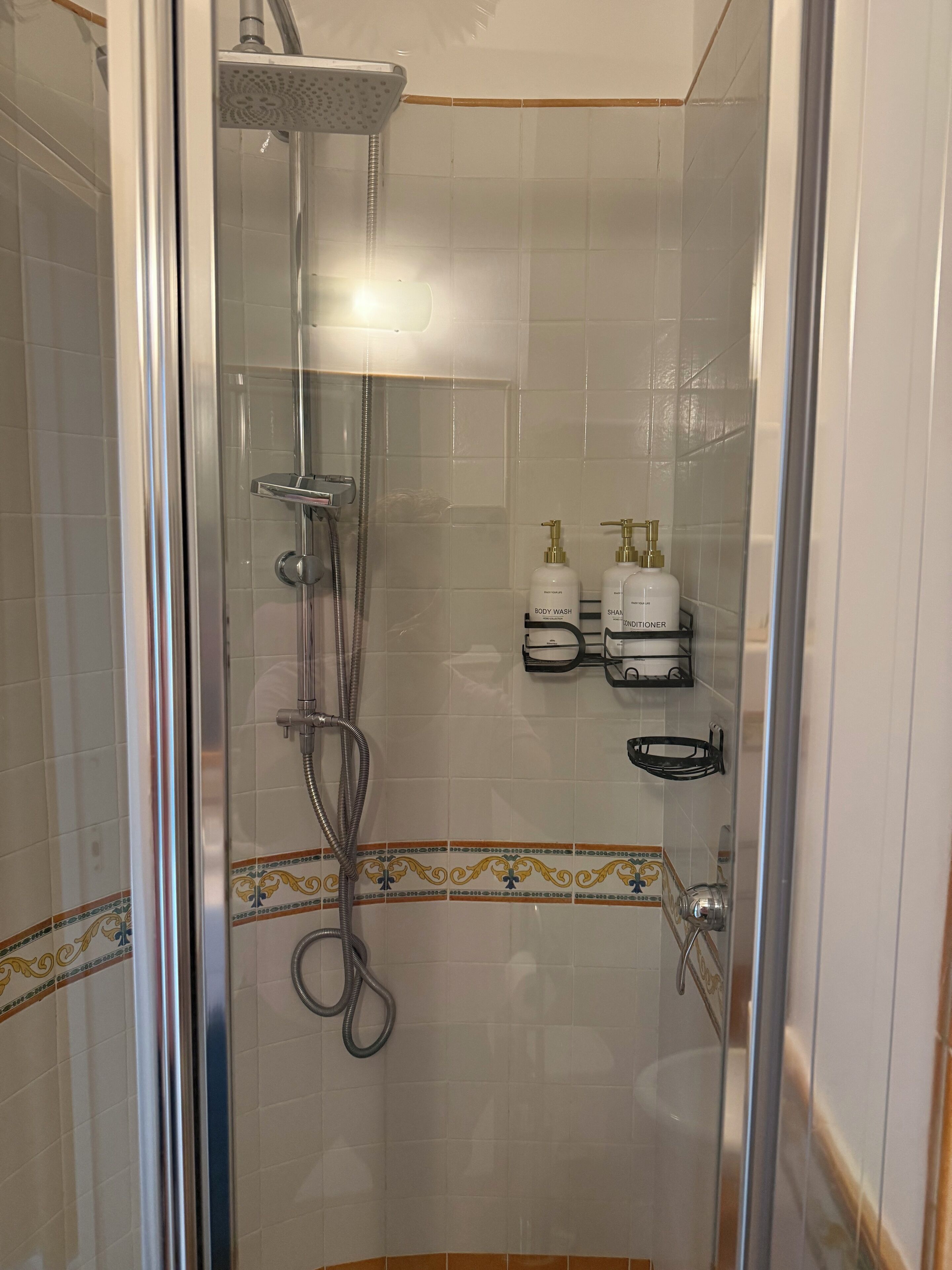 Shower, hair dryer, bidet, towels