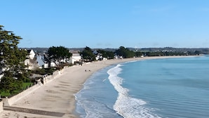 Une plage offrant une vue dégagée sur l’océan, une rive sablonneuse et une rangée de maisons le long de la plage.