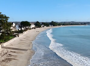 Ein Strand mit freiem Blick auf den Ozean, einem sandigen Ufer und einer Reihe von Häusern entlang der Küste.