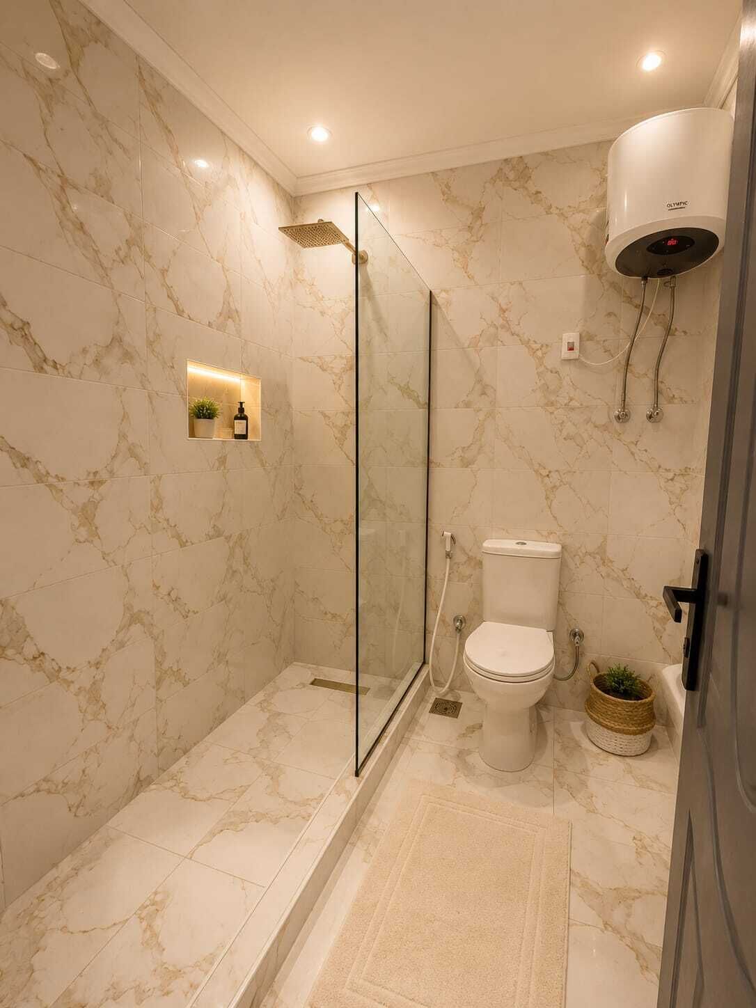 Separate tub and shower, hydromassage showerhead, designer toiletries