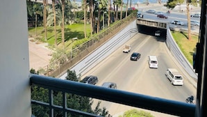 A view from a balcony overlooking a road with palm trees, a bridge, and distant buildings. - Garden City Tahrir Downtown (Cairo)