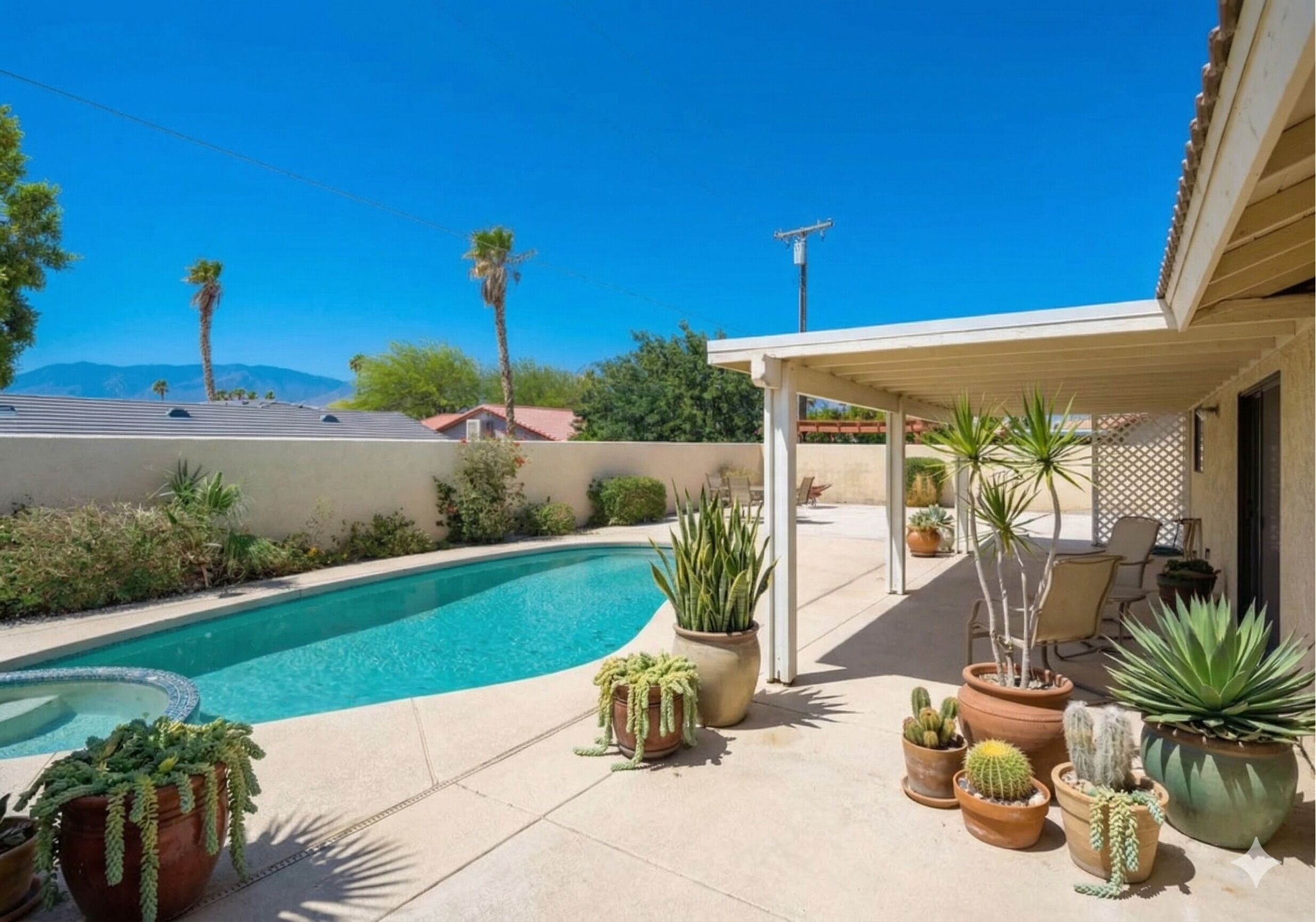 A swimming pool with potted plants, a covered patio, and a view of mountains.