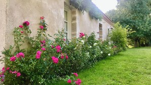 A building with a garden featuring pink and white flowers, a grassy lawn, and a tree.