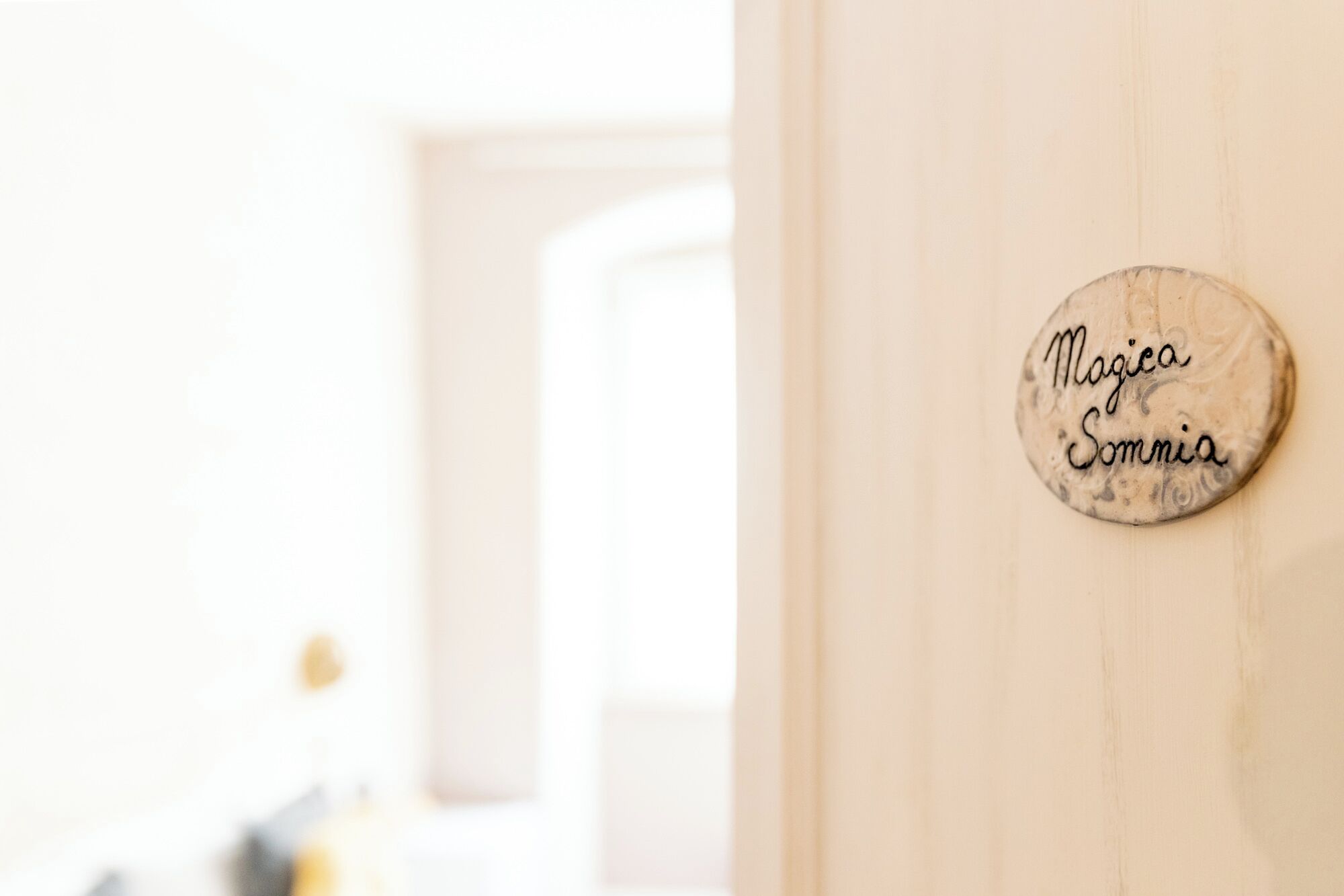 A wooden door with a circular sign that reads 'Magica Somnia.'
