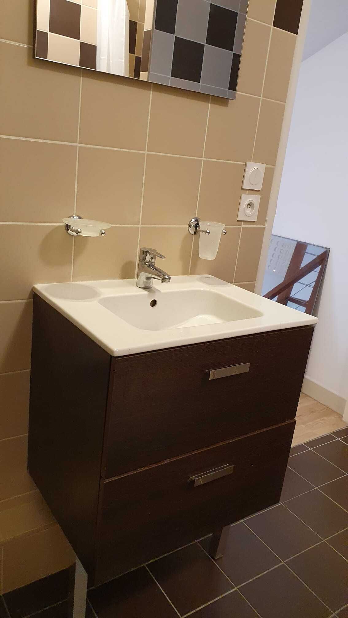 A bathroom with a white sink, dark cabinet, and a mirror above.