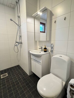 Ein Badezimmer mit Dusche, Waschbecken und Toilette.