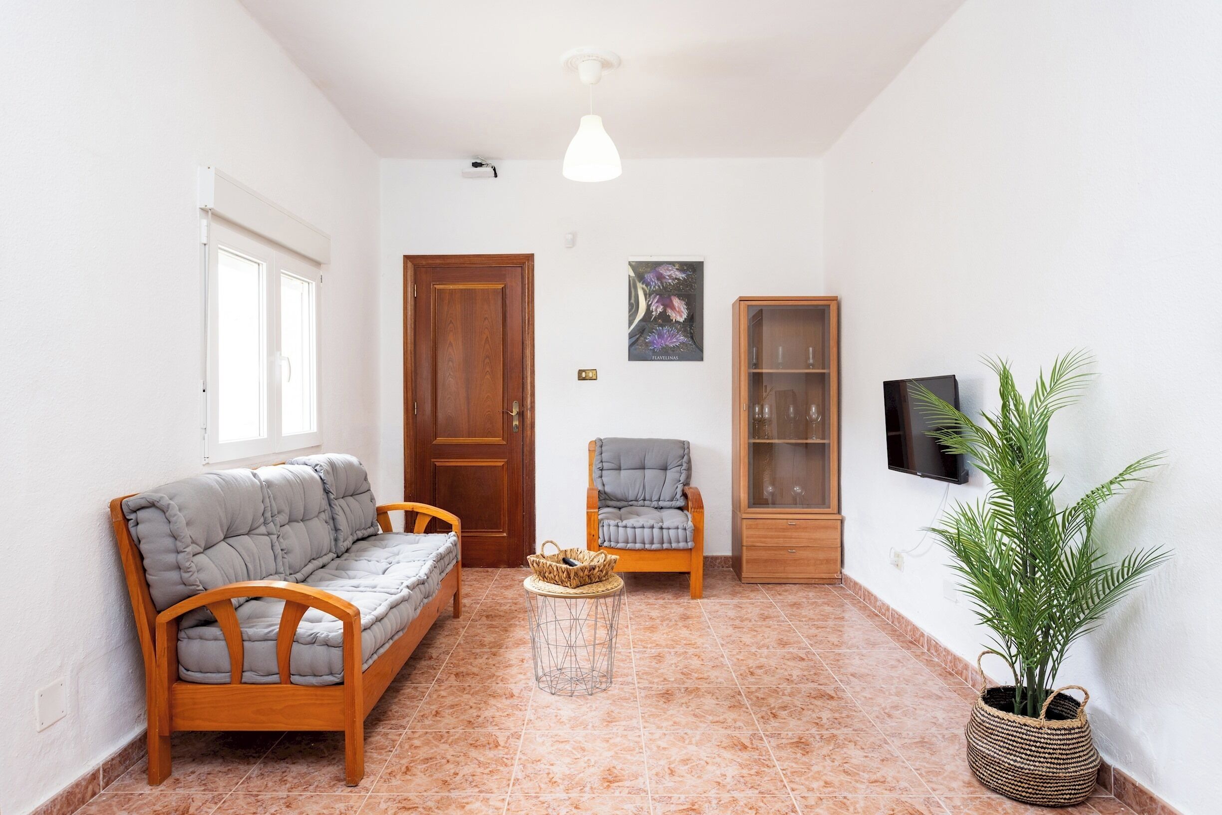 A room with a sofa, chair, small table, cabinet, and a potted plant.