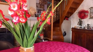 A room with a wooden staircase, a brick wall, and a vase with red flowers on a table.