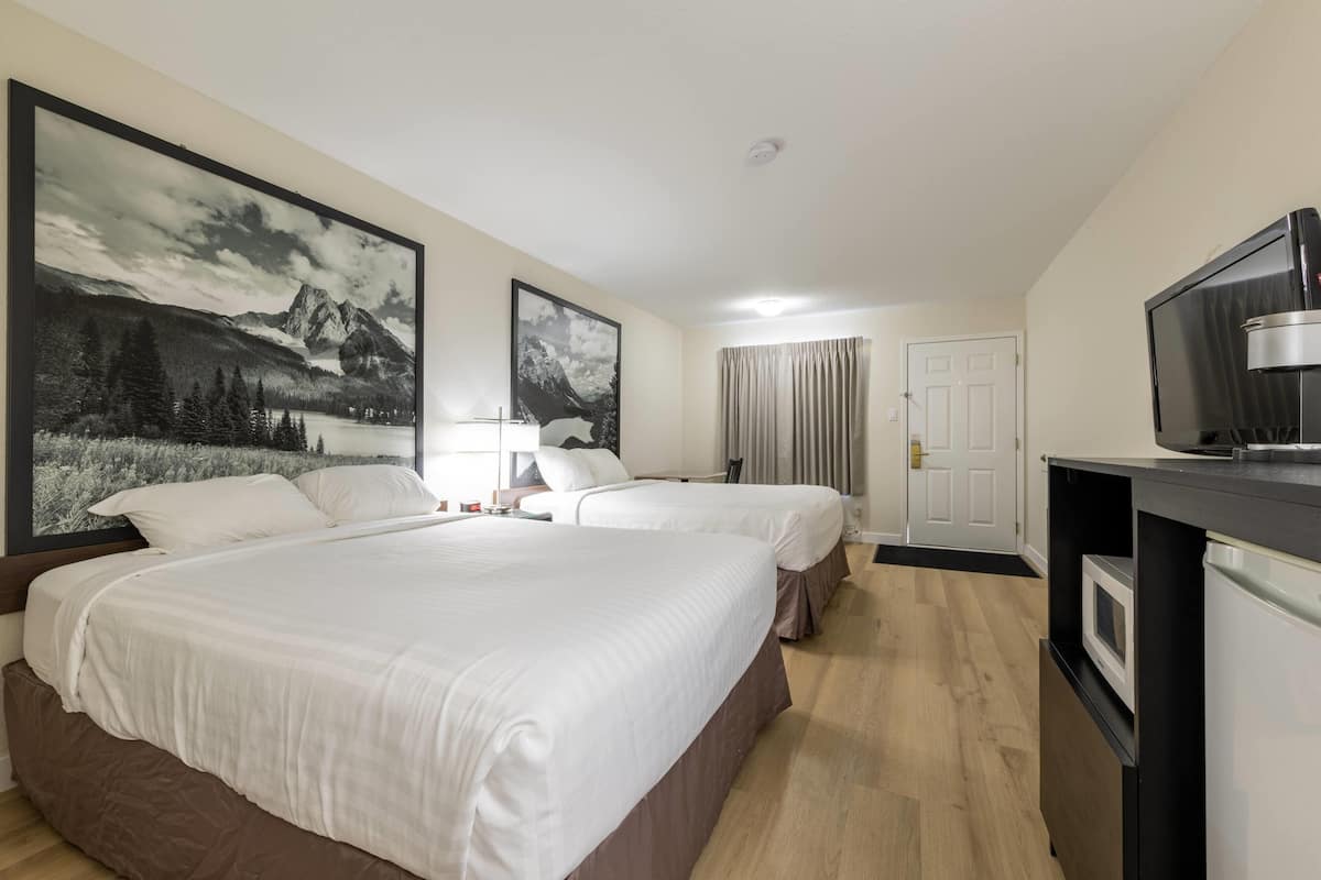 Een hotelkamer met twee bedden, een televisie, een magnetron en een groot schilderij van een berglandschap aan de muur.
