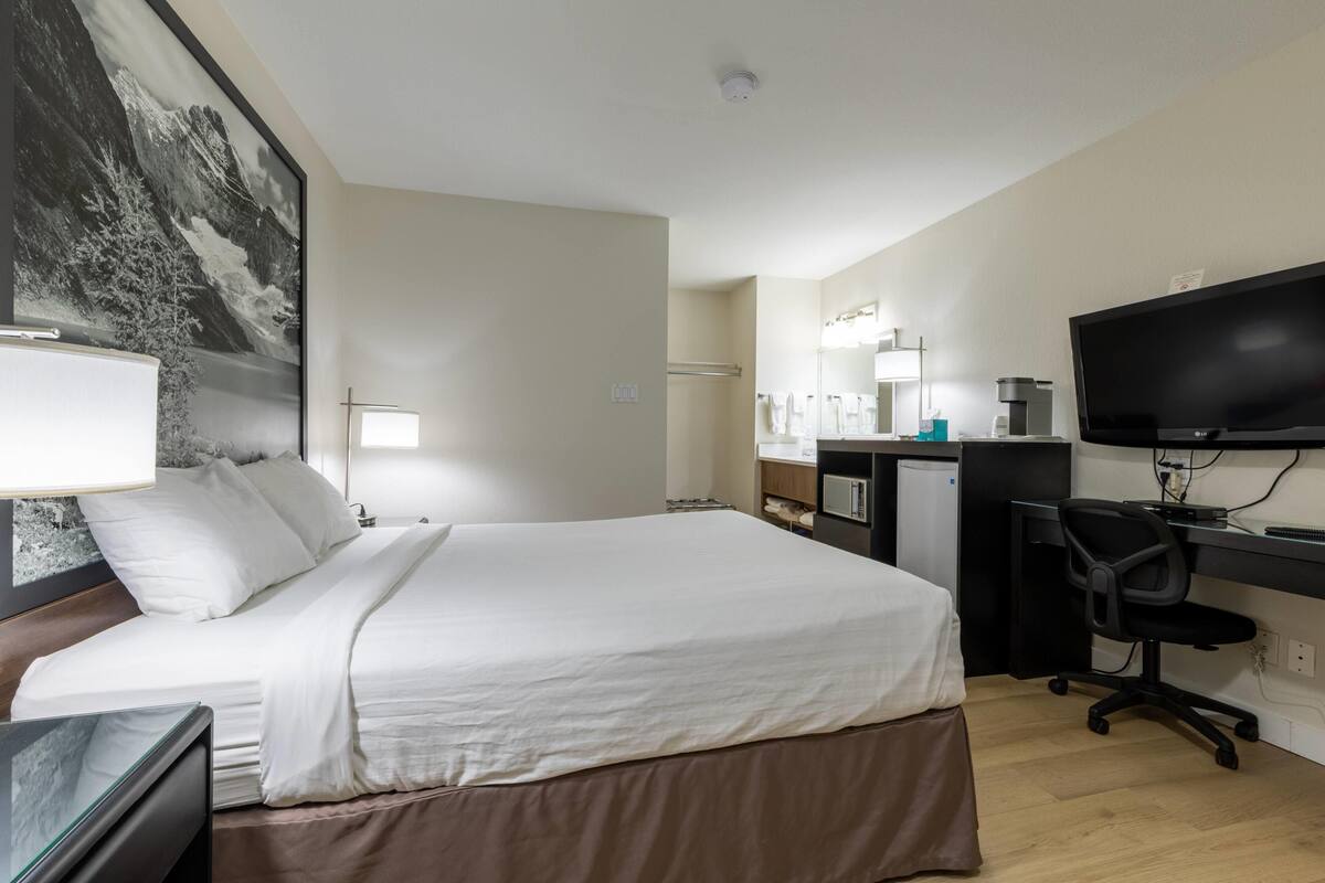 Een hotelkamer met een bed, bureau, stoel, televisie en een koelkast.