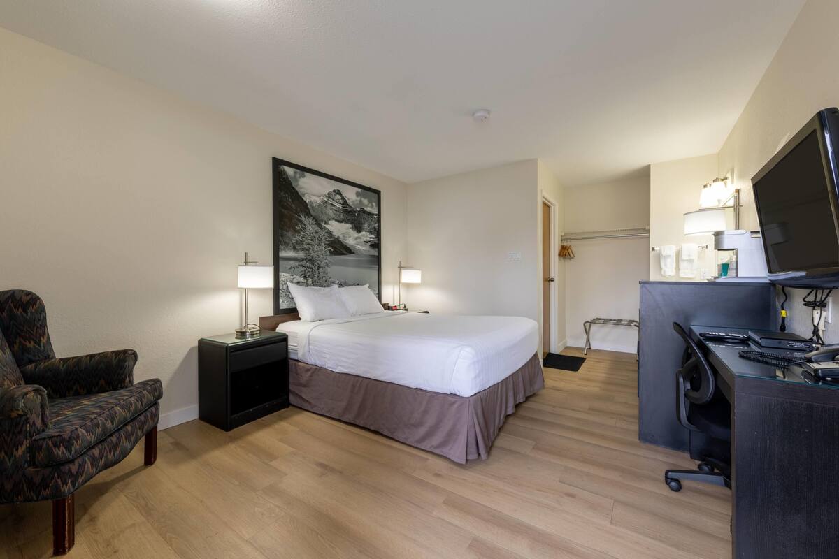 Een hotelkamer met een bed, een stoel, een bureau met een computer, een televisie en een schilderij aan de muur.