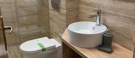 Shower, hair dryer, towels, shampoo