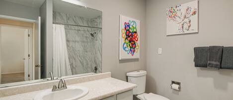 A bathroom with a marble sink, a toilet, a shower, and two wall-mounted artworks.