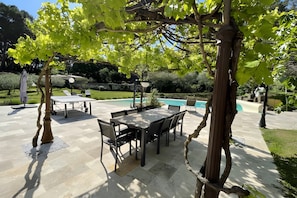 Eine Terrasse im Freien mit Pool, umgeben von Grünpflanzen und einer mit Weinreben bewachsenen Pergola.