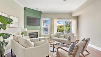 Smart TV, fireplace, books