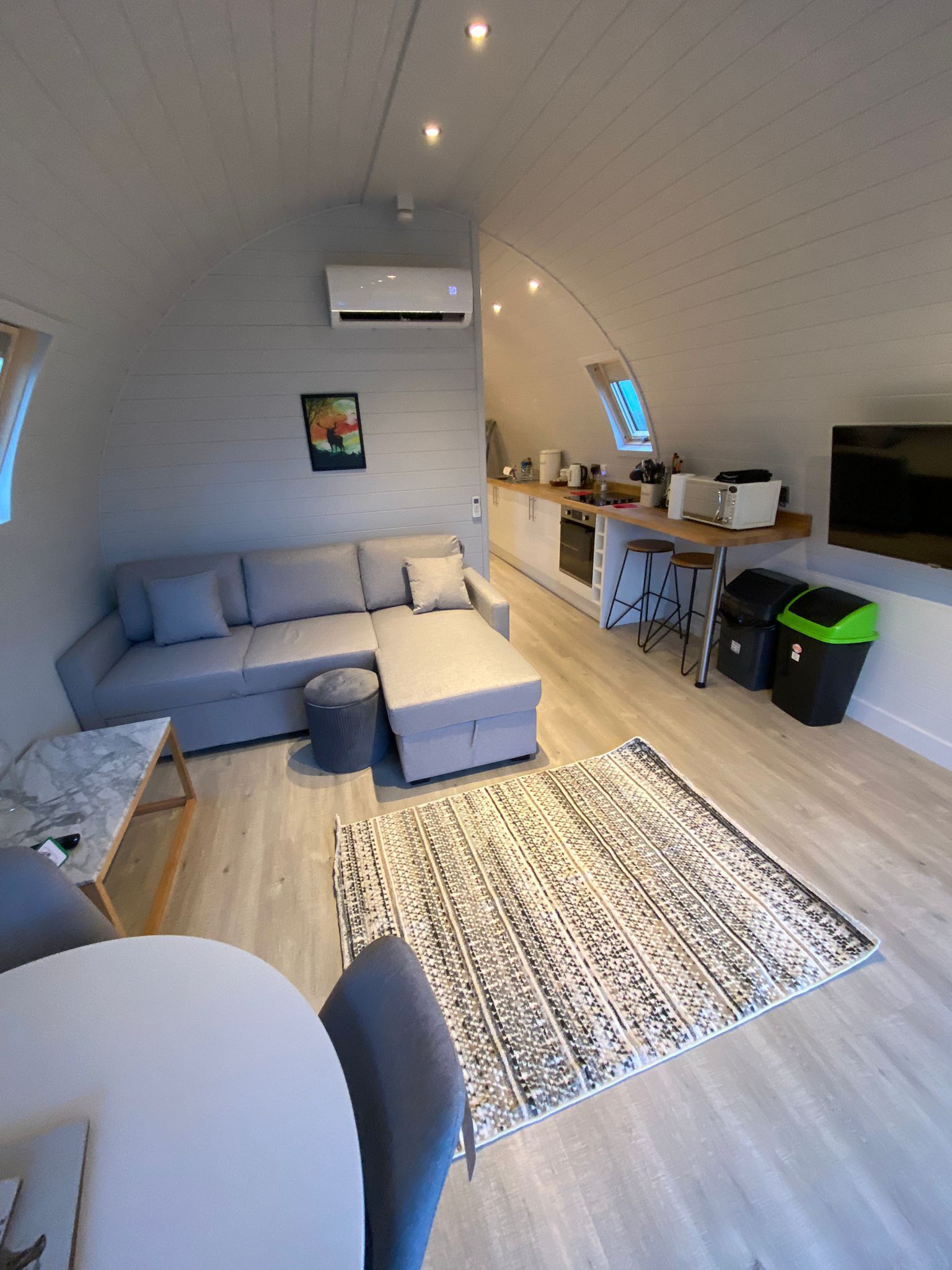A modern living room with a grey sofa, a coffee table, and a patterned rug.