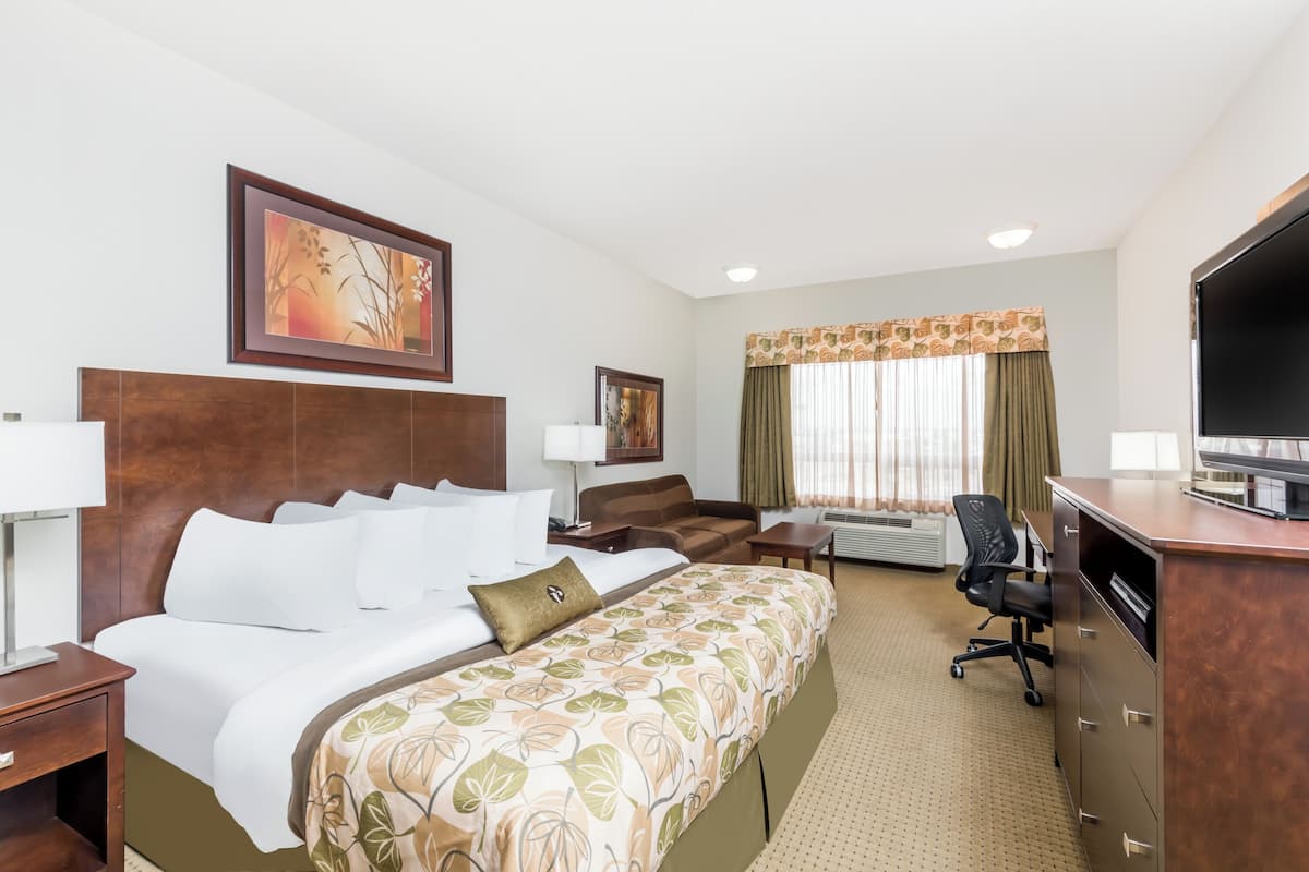 A hotel room with a bed, a desk, a chair, a TV, and a window with curtains.
