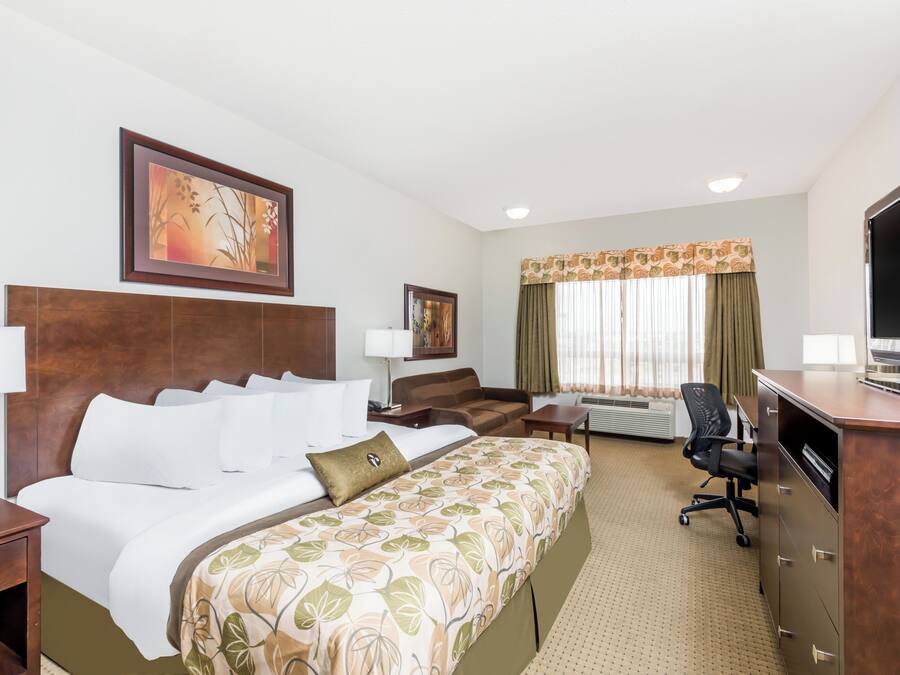 A hotel room with a bed, a desk, a chair, a TV, and a window with curtains.