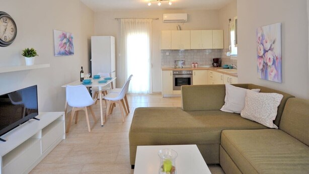 Un appartement moderne comprenant un salon, un coin repas, une cuisine et un téléviseur.