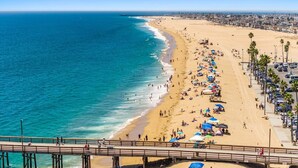 Uma praia com um cais, areal e palmeiras.