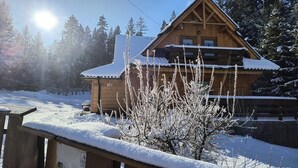 A wooden cabin with a sloped roof, surrounded by snow-covered trees. - Cosy Apartment in Lapsze Nizne With Sauna (Lapsze Nizne)