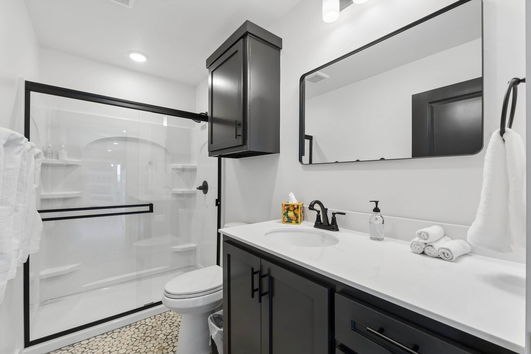 A modern bathroom with a glass shower enclosure, a white sink with a black faucet, and a large mirror above the sink.