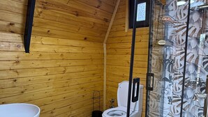 Een douche, een haardroger, handdoeken, zeep