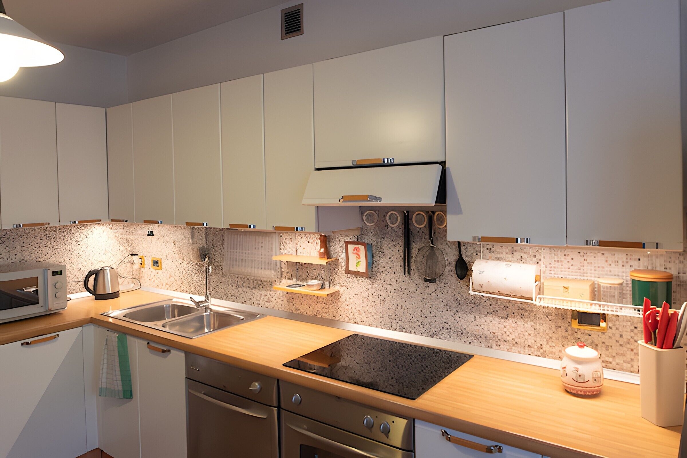 Een moderne keuken met witte kasten, een magnetron, een spoelbak en een houten aanrecht.