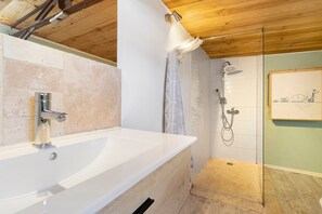 Shower, hair dryer, towels