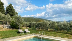 Una piscina con dos sillas reclinables y una escalera metálica, rodeada de follaje y árboles.