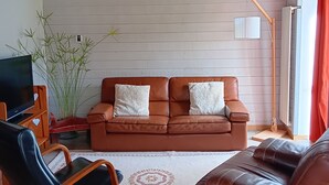 A living room with a brown leather sofa, a black leather chair, a television, a woven light fixture, and a large plant. - Vacation home near the lake, ideal for families (Montferrat)