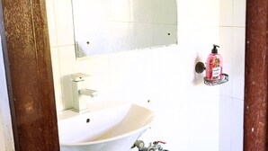 A bathroom with a white sink, a mirror, and a shower area. - Kay's Place Train House Jambo (Zanzibar Town)